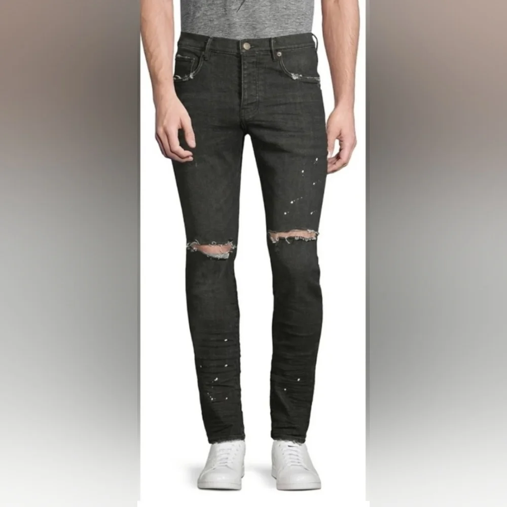 SIZE 36×34 PURPLE BRAND RESIN KNEE SLIT SKINI OVER SPRAY SLIM FIT BLACK JEANS - Picture 5 of 10